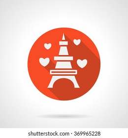 White silhouette Eiffel Tower with hearts. Symbol of love. Romantic tour. Lovely gift for birthday, anniversary, Valentines Day. Red round vector icon. Element for web design, business, mobile app.