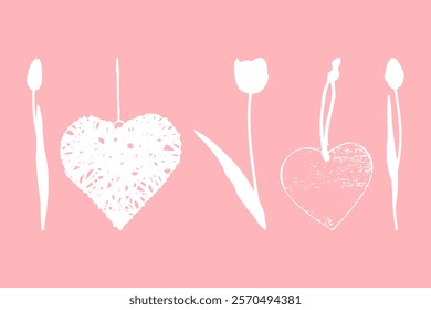 White silhouette elements on pink peach background Tulips hearts element for birthday 8 march designe Greeting card Spring flowers