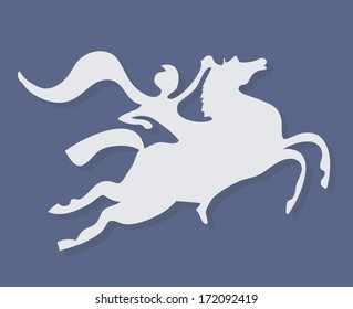 white silhouette of fantasy horse rider with scarf on purple background