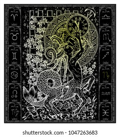 White silhouette of fantasy Zodiac sign Capricorn in gothic frame on black. Hand drawn engraved illustration