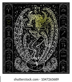 White silhouette of fantasy Zodiac sign Taurus in gothic frame on black. Hand drawn engraved illustration
