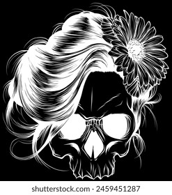 white silhouette of female skull with colorful flowers vector illustration on black background