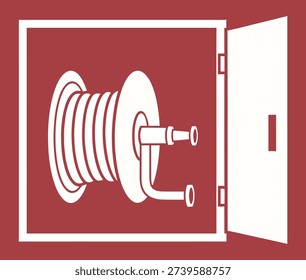 White silhouette of a fire hose and nozzle stored within a wall-mounted emergency cabinet, depicted on a vibrant red field.