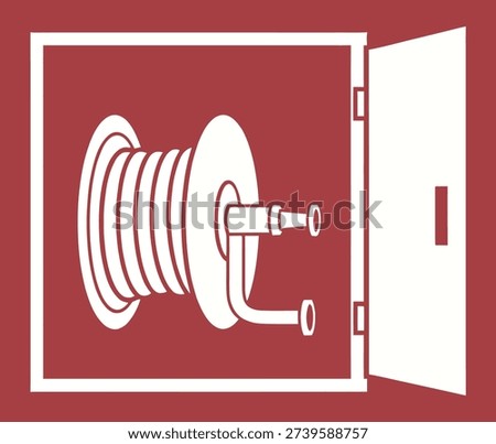 White silhouette of a fire hose and nozzle stored within a wall-mounted emergency cabinet, depicted on a vibrant red field.