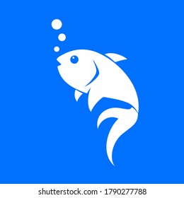 silueta blanca Pescado con burbujas, concepto de logotipo de icono sobre fondo azul. Diseño de camisetas