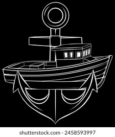 white silhouette of fish-boat with anchor on black background