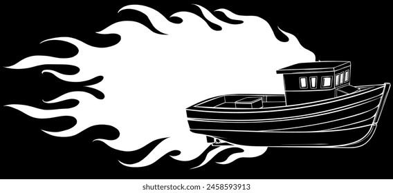 white silhouette of fishing boat with flames on black background. digital hand darw design