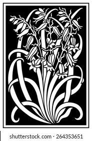 White silhouette of flowers ornament on a black background. Figure bouquet in the form of a stencil. Vector pattern with campanulas