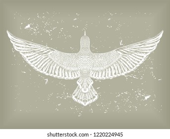 White silhouette of flying bird on the grey background. Sketch for tattoo art.