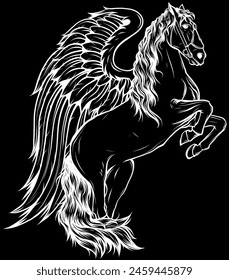 white silhouette of flying horse wings on black background illustration mascot vector logo design