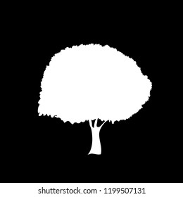 White silhouette of foliar tree icon isolated on black background. Vector illustration, sign, symbol, clip art, pictogram for design.