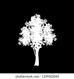White silhouette of foliate tree icon isolated on black background. Vector illustration, sign, symbol, clip art, pictogram for design.