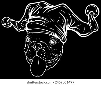 white silhouette of French Bulldog portrait in a Fools hat on black background. Vector illustration.