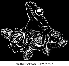 white silhouette of frog on roses with leaves vector illustration design on black background