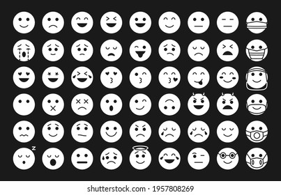 White silhouette funny emoji icons set. Great for glitch effect. Mood or facial emotion symbol for chat app or web. Black eyes and line contour smile. Emoticons in mask. Isolated vector illustration