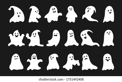 White silhouette ghost set. Octobe horror Happy Halloween character with scary or surprised face shape. Creepy funny cute spook. Great for design postcards on holiday. Isolated vector illustration