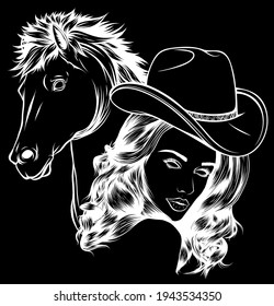 white silhouette of girl dressed as a cowboy with horse