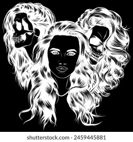 white silhouette of Girl with skull vector sketch. Santa muerte women witch portrait stock illustration