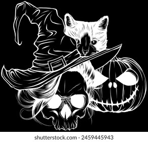 white silhouette of Halloween composition on black background