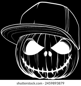 white silhouette of Halloween pumpkin with hat on black background vector illustration