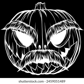 white silhouette of Halloween Pumpkin with mustache. Vector illustration on black background