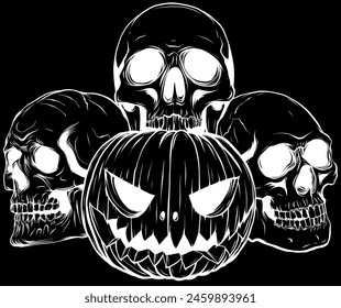 white silhouette of halloween pumpkins with piles of skulls on black background