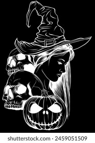 white silhouette of Halloween with witch skull and pumpkin on black background