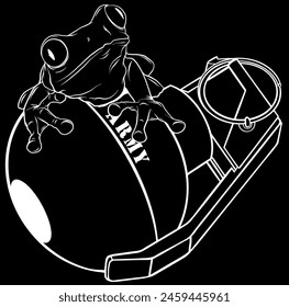 Weiße Silhouette der Handgranate mit Frosch-Vektorillustration auf schwarzem Hintergrund
