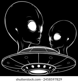 white silhouette of head Alien UFO Cartoon on black background Vector Icon Illustration.