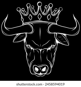 white silhouette of head of a bull with a crown on black background