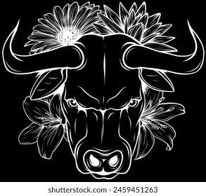 white silhouette of head bull with flower vector illustration on black background. digital hand draw