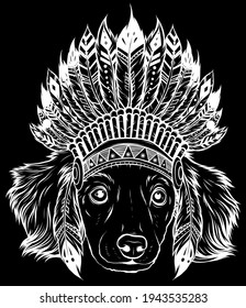 white silhouette of head dog with traditional Indian hat, vector illustration