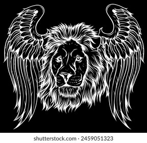 white silhouette of head Lion with Wings on black background