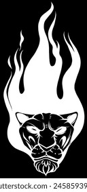white silhouette of head tiger with flames on black background