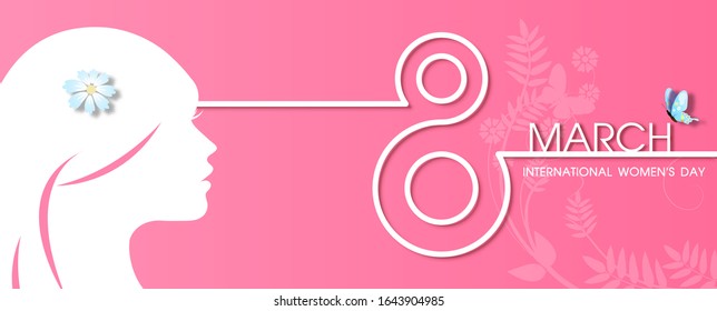 White silhouette of head's women with giant of number 8 in abstract art shape and wording of Women's day event on flower pattern and pink background.