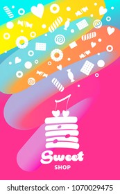 White silhouette heart, candy, lollipop, cookie. Template banner, poster, logo, flyer for  sweet shop, bakery, pastry menu restaurant, cafe, bakehouse. Image with  label, badge for print T-shirt. 
