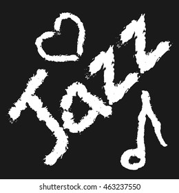 White silhouette of the heart, note, text Jazz on a black background. Grunge image of a rough brush.