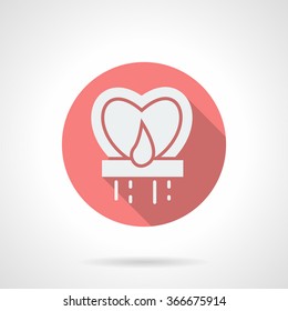 White silhouette heart shape paper sky lantern with flame and ribbons. Round pink vector icon with long shadow. Valentines Day series. Design element for website, mobile app.