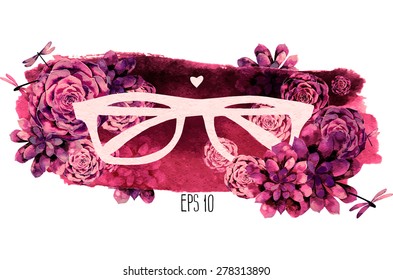 White silhouette of hipster glasses with succulent design and watercolor texture on background. Card isolated on white background