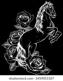 white silhouette of White Horse with rose on black background