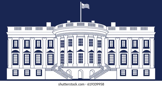 White Silhouette White House Isolated On Blue Background. Vector Illustration