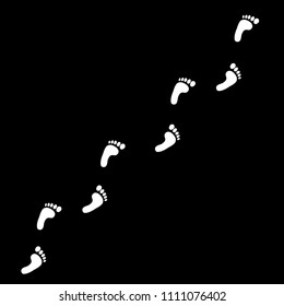 White silhouette of human footprint path isolated on black background. Foot prints diagonal trail. Vector illustration, clip art.