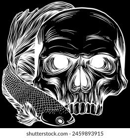 white silhouette of human skull with betta fish vector illustration on black background