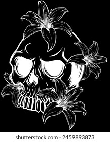 white silhouette of human Skull with flowers on black background vector design digital hand draw