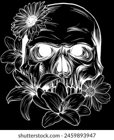 white silhouette of human Skull with Flowers. vector illustration on black background