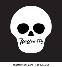 white silhouette of human skull on black background with hand drawn creative calligraaphy Halloween in brush pen lettering style instead of mouth; design for Halloween holiday print or digital use
