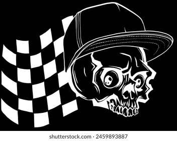 white silhouette of human Skull with race Flag and bonnet on black background vector illustration hand draw