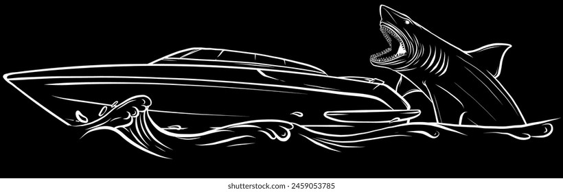 white silhouette of Hungry Shark Attack yacht ship from the ocean water on black background
