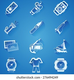 White silhouette icons vector collection of equipment and outfit for diving on blue background. 