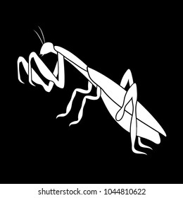 White silhouette of an insect mantis standing in an attack pose against a black background